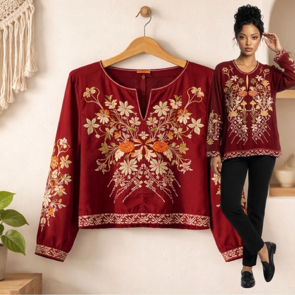 JOHNNY WAS Frankie Boho Red Wine Embroidered Blouse top size large. EUC